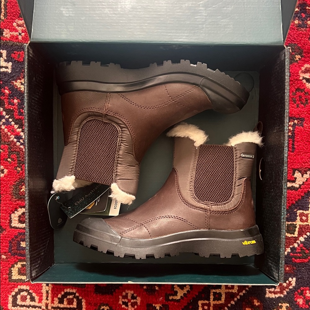 Emu Brown Leather Winter Rain Boots with Shearling Trim
